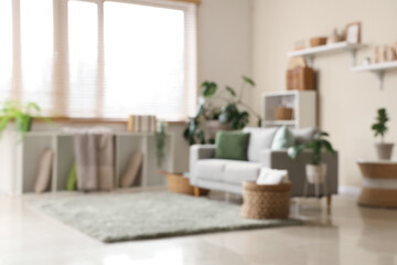 Fototapeta na wymiar Beautiful interior of living room with grey sofa, window and houseplants, blurred view