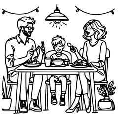 Fototapeta na wymiar Continuous one black line art drawing happy family father and mother with child. having dinner sitting at table doodles style vector illustration on white background