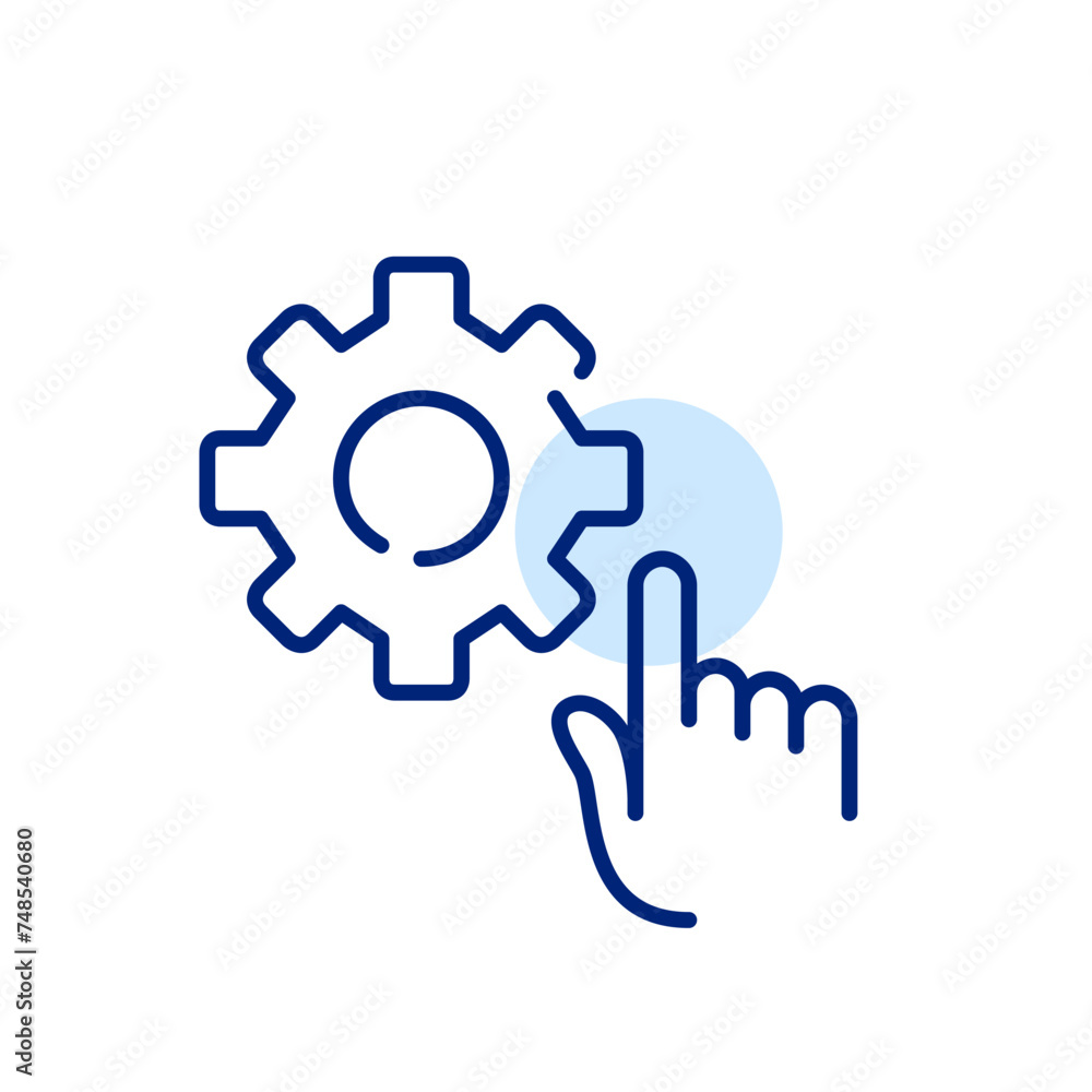 Poster pixel-perfect vector icon. fingertip taps a cogwheel, capturing a tactile interaction. user-friendly