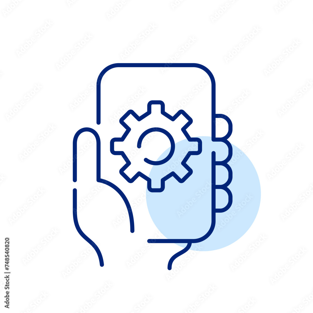 Poster hand holding a mobile phone, integrating with a settings icon. personalized and seamless mobile devi