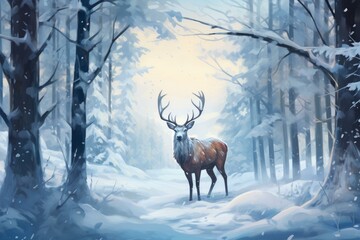 Frosty Reindeer snowy forest. Forest snow cold season outdoor. Generate Ai