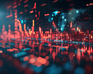 A futuristic corporate background depicting data driven growth worldwide networking and economic success symbols such as graphs currency and stock market figures