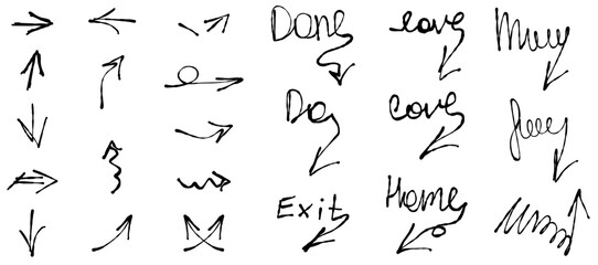 Set Doodle Hand Drawn Arrows isolated on white backdrop. Doodle artistic elements collection. Typography Arrow and underline. Vector illustration. EPS 10	