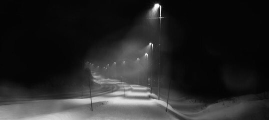 Street lights illuminate the pavement along the slippery road in a snowy winter night. 