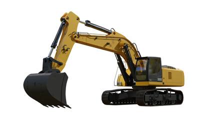 Yellow excavator vehicle isolate includes the alpha path. No driver and looks clean.