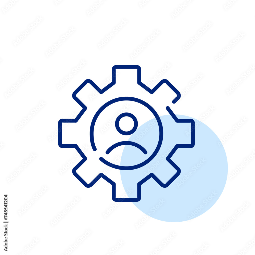 Poster user profile silhouette merged with a cogwheel for personal account settings customization. pixel pe