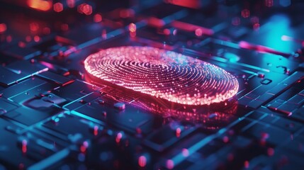 A holographic 3D fingerprint scanner glowing