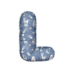 3D inflated balloon letter L with blue and mellow colored alpacca astronaut space pattern