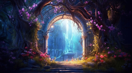 Enchanted forest gateway with mystical flowers and lighting. Fantasy world exploration. - obrazy, fototapety, plakaty