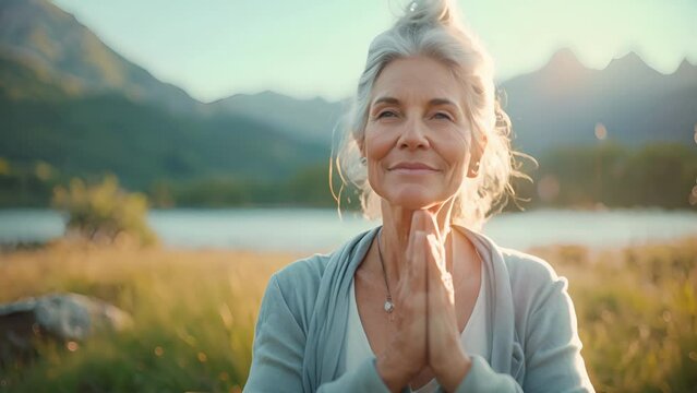 Embracing a holistic approach to retirement a mature woman finds balance and harmony in both her physical and mental wellbeing through outdoor yoga ast a natural landscape.