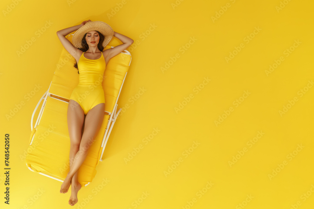 Wall mural Studio photo of a beautiful girl in a yellow swimsuit and a straw hat lying on a sun lounger on a yellow background with space for text. AI generative