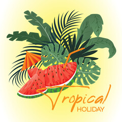 Summer composition with watermelon slice and tropical leaves. Design for banner, greeting card, poster, cover and other various products.