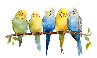 Cute budgerigars collection, Watercolor illustration, Generative AI  - obrazy, fototapety, plakaty