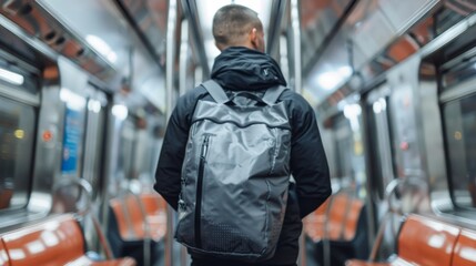 Fototapeta premium A man with a sports bag traveling on a subway