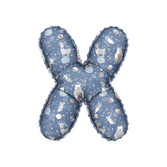 3D inflated balloon letter X with blue and mellow colored alpacca astronaut space pattern