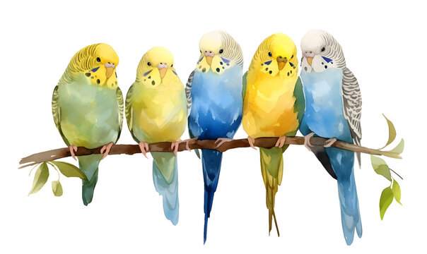 Cute budgerigars collection, Watercolor illustration, Generative AI 