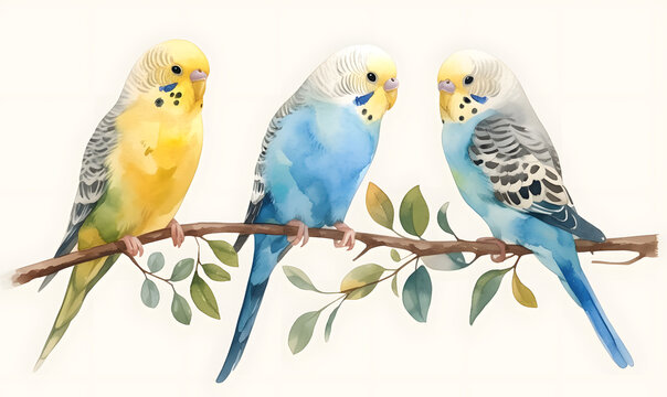 Cute budgerigars collection, Watercolor illustration, Generative AI 