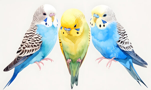 Cute budgerigars collection, Watercolor illustration, Generative AI 