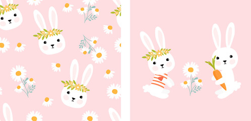 Seamless pattern with bunny rabbit cartoons and cute camomile on pink background vector illustration.
