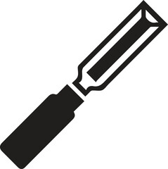 Chisel tool with cutting edge,blade on end and handle isolated monochrome icon. Vector carving or cutting instrument, to cut hard material as wood, stone, or metal.