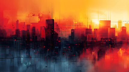 Vibrant Abstract Cityscape Background. Colorful Digital City Skyline. Technology and Connection Concept in Modern Urban Landscape Art. Network Design in Futuristic Urban Communication Concept.