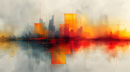 Vibrant Abstract Cityscape Background. Colorful Digital City Skyline. Technology and Connection Concept in Modern Urban Landscape Art. Network Design in Futuristic Urban Communication Concept.