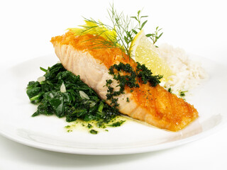 Salmon with Spinach and Rice - Fish Fillet Isolated - 748543228