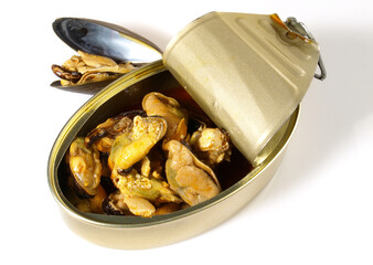 Canned Mussels in a Tin isolated on white Background - 748543237