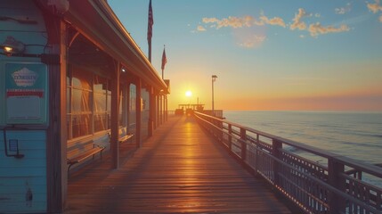 A nostalgic seaside boardwalk at sunset