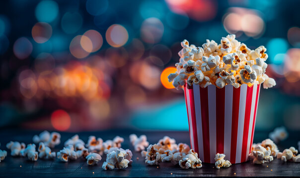 popcorn at the cinema wallpaper with copy space and blurred background 