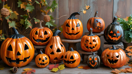 Collection of handmade plaster pumkins. Banner for autumn seasonal holidays background. generative ai 