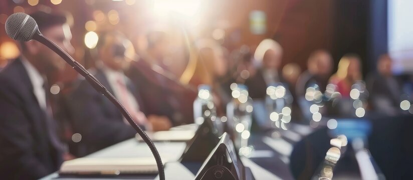 A panel discussion with industry experts, business conference, blurred background