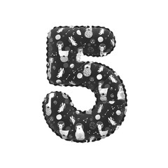 3D inflated balloon Number 5 with black & white alpacca astronaut space pattern