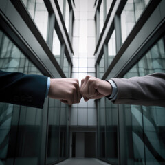 Two professionals engaging in a fist bump in a corporate setting.