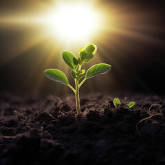 A lone seedling greets the day with radiant dawn light.