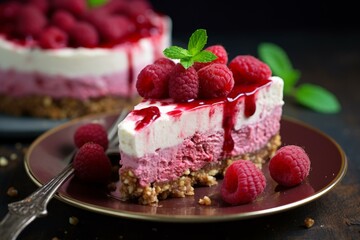 Creamy Raspberry cheesecake slice. Creamy fresh. Generate Ai