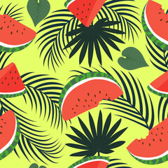 Seamless pattern with hand drawn tropical watermelon and palm leaves on yellow background.
