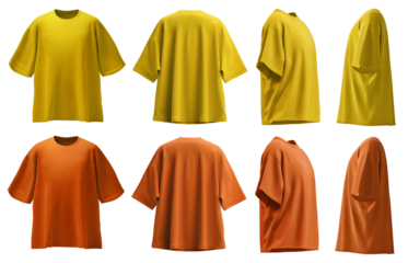 2 Set of yellow orange mustard oversized loose Drop Shoulder tee t shirt round neck front, back and side view on transparent background cutout, PNG file. Mockup template for artwork graphic design.