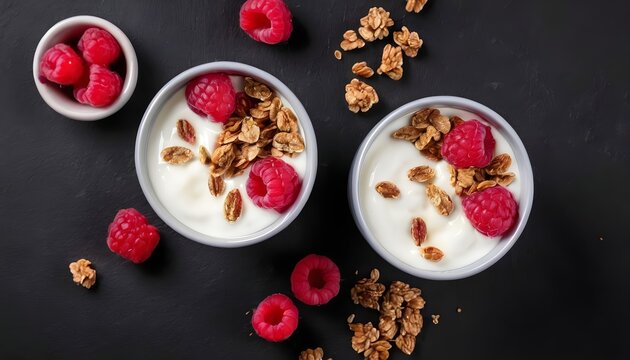 Greek yogurt with raspberries and granola. Top view flat lay Healthy breakfast