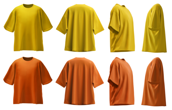 2 Set of yellow orange mustard oversized loose Drop Shoulder tee t shirt round neck front, back and side view on transparent background cutout, PNG file. Mockup template for artwork graphic design. - Powered by Adobe