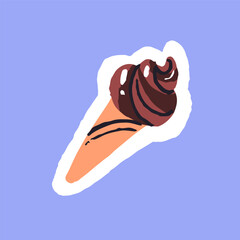Ice cream in waffle cone sticker. Gelato, sorbet in wafer. Chocolate icecream icon. Frozen dessert, cold sweet, confection. Refreshing delicious food. Flat hand drawn isolated vector illustration