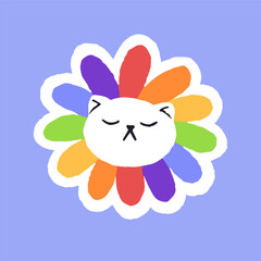 Cute cat muzzle in rainbow flower sticker. Funny kitten face with LGBT pride flag colors petals. Homosexual orientation symbol. Kitty head on LGBTQ icon. Flat hand drawn isolated vector illustration