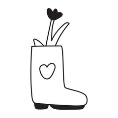Rubber garden shoe with flower. Vector outline isolated icon on white background.