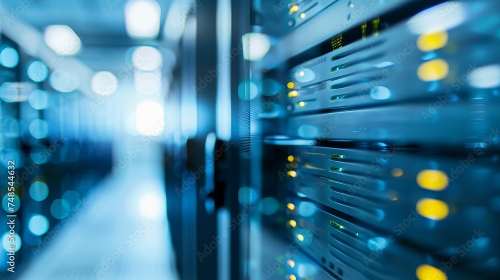 Poster secure server room with data protection, data privacy, blurred background