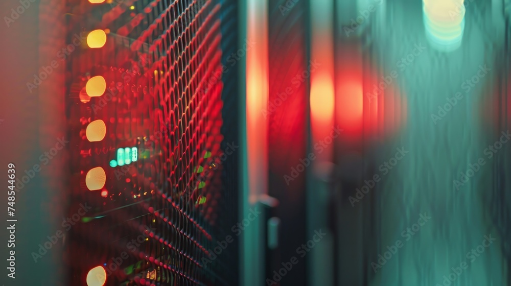 Poster secure server room with data protection, data privacy, blurred background