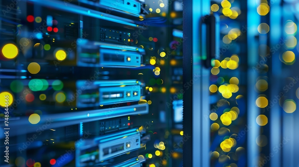 Poster secure server room with data protection, data privacy, blurred background