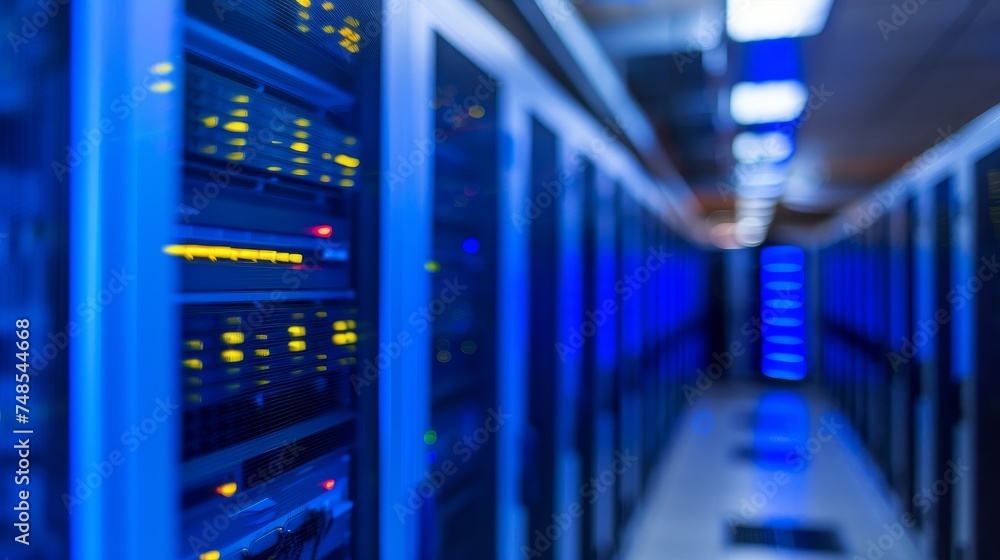 Poster secure server room with data protection, data privacy, blurred background