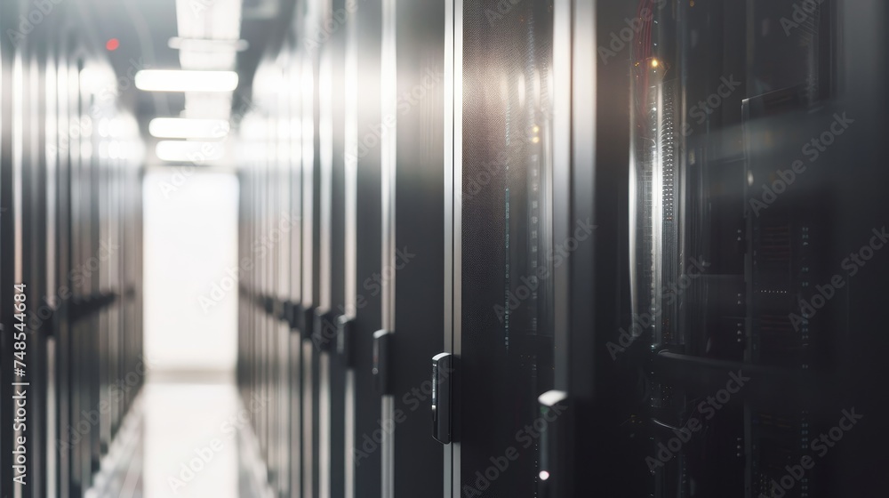 Poster secure server room with data protection, data privacy, blurred background