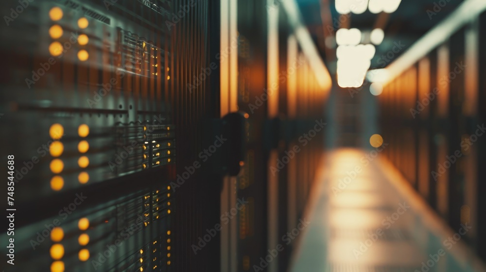 Poster secure server room with data protection, data privacy, blurred background