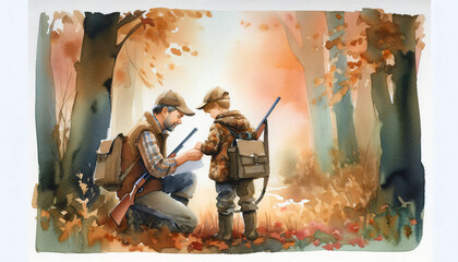 watercolor father and son hunting in autumn forest